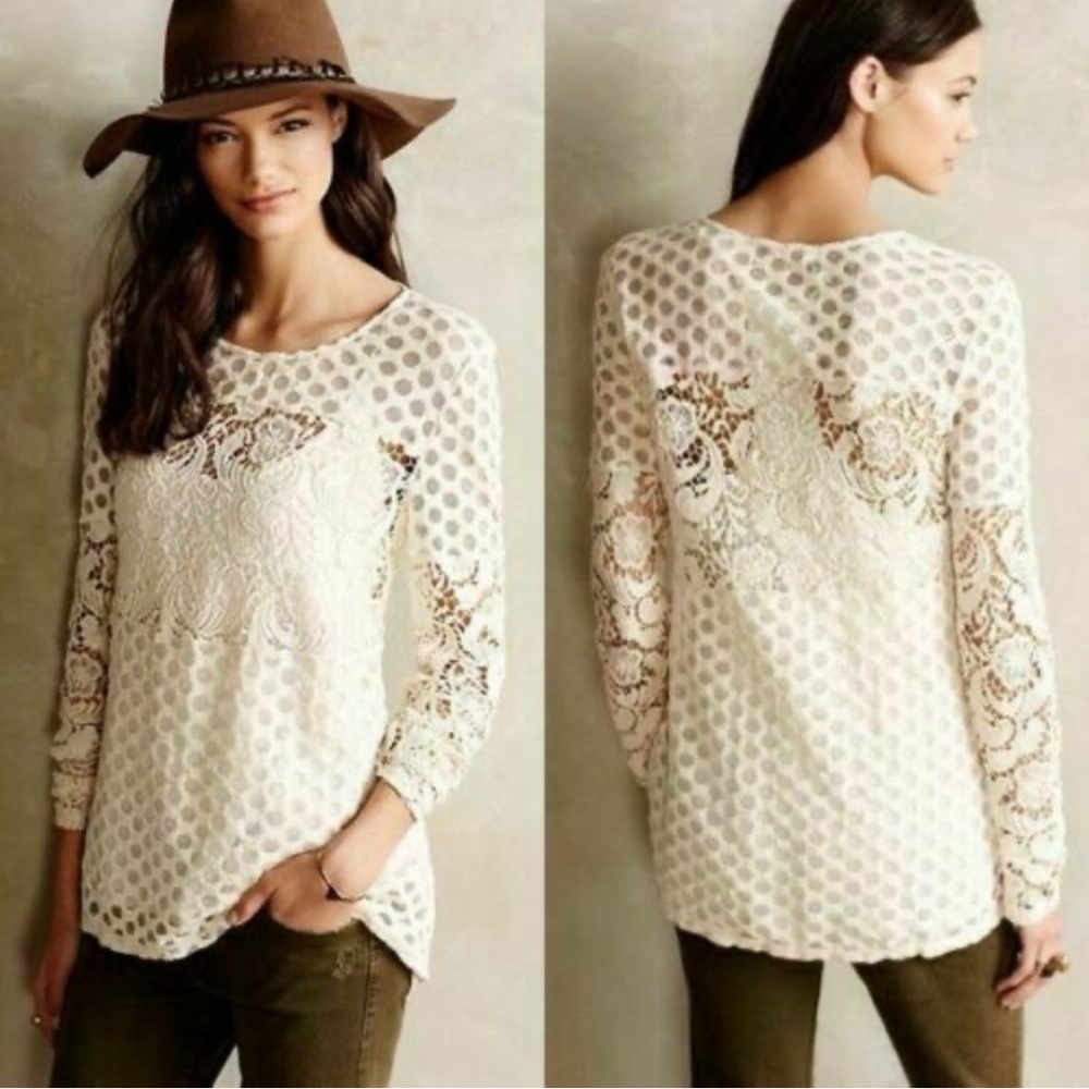 Anthropologie Sunday In Brooklyn cream crochet lace interlude top size L